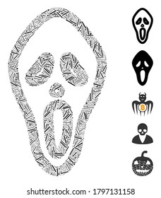 Dash Mosaic based on horror mask icon. Mosaic vector horror mask is composed with randomized dash items. Bonus icons are added.