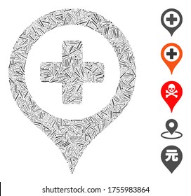 Dash Mosaic basado en el icono del marcador de mapa del hospital. El marcador de mapa del hospital del vector mosaico se compone de puntos de guión aleatorizados. Se agregan iconos de bonificación.