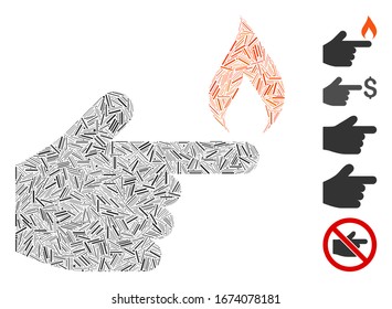 Dash Mosaic based on index finger fire icon. Mosaic vector index finger fire is formed with random line items. Bonus icons are added.