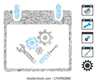 Dash Mosaic basierend auf Instrument Tools Kalendertag Symbol. Mosaik Vektorinstrument Tools Kalendertag ist mit randomisierten Dash-Elemente entworfen. Bonussymbole werden hinzugefügt.