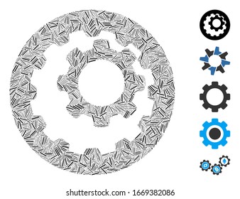 Dash Mosaic based on internal gears icon. Mosaic vector internal gears is composed with random dash spots. Bonus icons are added.