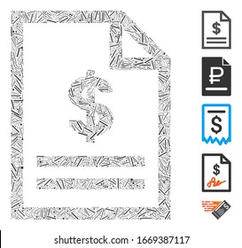 Dash Mosaic based on invoice page icon. Mosaic vector invoice page is designed with random dash spots. Bonus icons are added.
