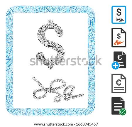 Dash Mosaic based on invoice page icon. Mosaic vector invoice page is designed with scattered dash items. Bonus icons are added.