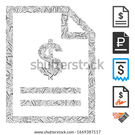 Dash Mosaic based on invoice page icon. Mosaic vector invoice page is designed with random dash spots. Bonus icons are added.