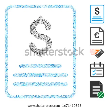 Dash Mosaic based on invoice icon. Mosaic vector invoice is formed with scattered dash items. Bonus icons are added.