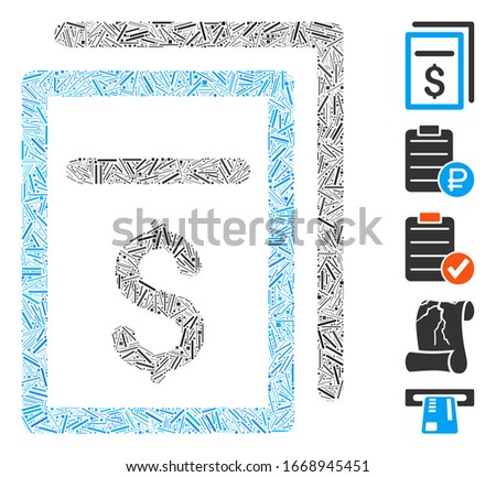 Dash Mosaic based on invoices icon. Mosaic vector invoices is formed with random dash items. Bonus icons are added.