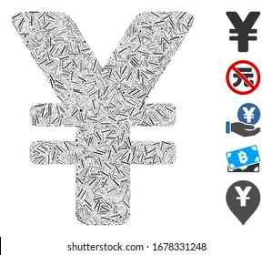 Dash Mosaic basado en el icono del yen japonés. El yen japonés vectorial mosaico se crea con elementos de guiones dispersos. Se agregan iconos de bonificación.