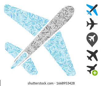 Dash Mosaic based on jet airplane icon. Mosaic vector jet airplane is created with scattered dash spots. Bonus icons are added.