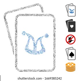 Dash Mosaic based on joker gambling cards icon. Mosaic vector joker gambling cards is created with scattered dash elements. Bonus icons are added.