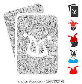 Dash Mosaic based on joker gambling cards icon. Mosaic vector joker gambling cards is formed with random dash dots. Bonus icons are added.