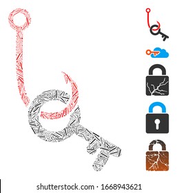 Dash Mosaic based on key phishing hook icon. Mosaic vector key phishing hook is designed with scattered dash spots. Bonus icons are added.