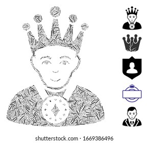 Dash Mosaic based on king icon. Mosaic vector king is created with randomized line elements. Bonus icons are added.