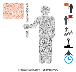 Dash Mosaic based on leader with flag icon. Mosaic vector leader with flag is designed with scattered dash dots. Bonus icons are added.