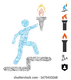 Dash Mosaik auf der Basis des Führers mit Fackelsymbol. Mosaik Vektorillustration Führer mit Fackel ist mit verstreuten Dash-Elemente gebildet. Bonussymbole werden hinzugefügt.