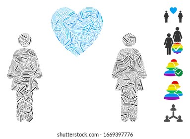 Dash Mosaic basado en el icono de la pareja lesbi. El par de amor lesbi del vector mosaico se compone de elementos de guión aleatorizados. Se agregan iconos de bonificación.