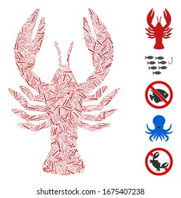 Dash Mosaic based on lobster icon. Mosaic vector lobster is formed with randomized dash dots. Bonus icons are added.