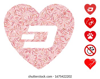 Dash Mosaic basado en el adorable icono cardíaco Dash. El corazón del Dash, adorable vector mosaico, se crea con elementos del guión dispersos. Se agregan iconos de bonificación.