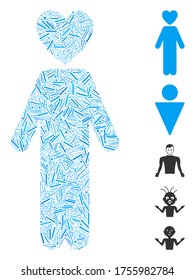 Dash Mosaic based on lover man icon. Mosaic vector lover man is designed with scattered dash dots. Bonus icons are added.