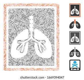 Dash Mosaic based on lungs x-ray photo icon. Mosaic vector lungs x-ray photo is designed with random dash dots. Bonus icons are added.