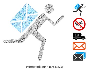 Dash Mosaic based on mail courier icon. Mosaic vector mail courier is designed with randomized dash dots. Bonus icons are added.