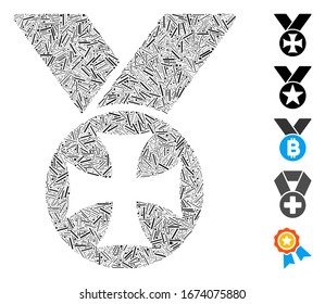 Dash Mosaic basado en el ícono de medalla maltesa. La medalla maltesa vectorial mosaico se crea con puntos de línea aleatorizados. Se agregan iconos de bonificación.
