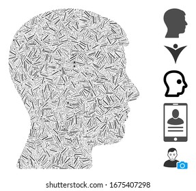 Dash Mosaic basierend auf dem menschlichen Profil Symbol. Mosaik Vektorillustration man Kopfprofil ist mit zufälligen Dash-Spots entworfen. Bonussymbole werden hinzugefügt.