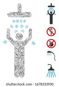 Dash Mosaic based on man under shower icon. Mosaic vector man under shower is designed with scattered dash elements. Bonus icons are added.