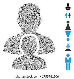 Dash Mosaic based on man child icon. Mosaic vector man child is designed with random dash elements. Bonus icons are added.