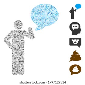 Dash Mosaic basado en el icono del globo de idea del hombre. El globo de idea del hombre vector mosaico está diseñado con puntos de guión aleatorizados. Se agregan iconos de bonificación.