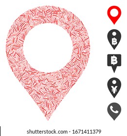 Dash Mosaic based on map marker icon. Mosaic vector map marker is formed with scattered dash elements. Bonus icons are added.