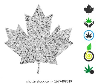 Dash Mosaic based on maple leaf icon. Mosaic vector maple leaf is formed with randomized dash spots. Bonus icons are added.
