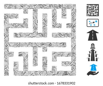 Dash Mosaic based on maze icon. Mosaic vector maze is created with randomized dash elements. Bonus icons are added.