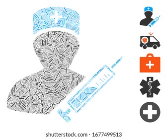 Dash Mosaic based on medic icon. Mosaic vector medic is designed with scattered dash dots. Bonus icons are added.