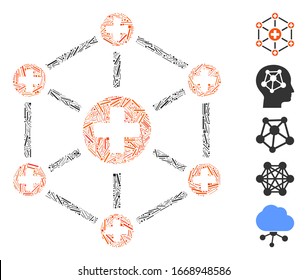 Dash Mosaic based on medical network icon. Mosaic vector medical network is created with scattered dash spots. Bonus icons are added.