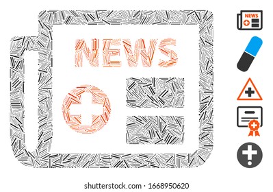 Dash Mosaic based on medical newspaper icon. Mosaic vector medical newspaper is formed with random hatch spots. Bonus icons are added.