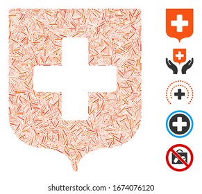 Dash Mosaic based on medical shield icon. Mosaic vector medical shield is composed with randomized dash items. Bonus icons are added.