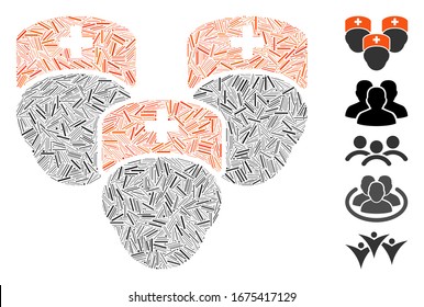 Dash Mosaik auf der Grundlage der medizinischen Personal Symbol. Das medizinische Personal der Vektorillustration Mosaik besteht aus randomisierten Leitungselementen. Bonussymbole werden hinzugefügt.