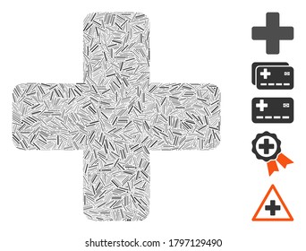 Dash Mosaic based on medical cross icon. Mosaic vector medical cross is created with randomized dash spots. Bonus icons are added.