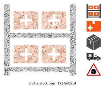 Dash Mosaic based on medical warehouse icon. Mosaic vector medical warehouse is formed with random dash items. Bonus icons are added.