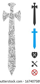 Dash Mosaic based on medieval sword icon. Mosaic vector medieval sword is designed with scattered dash dots. Bonus icons are added.