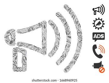 Dash Mosaic based on megaphone icon. Mosaic vector megaphone is formed with random dash items. Bonus icons are added.