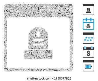 Dash Mosaic Based On Memorial Tombstone Calendar Page Icon. Mosaic Vector Memorial Tombstone Calendar Page Is Formed With Scattered Dash Dots. Bonus Icons Are Added.