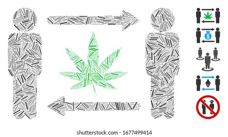 Dash Mosaic based on men cannabis exchange icon. Mosaic vector men cannabis exchange is formed with scattered dash dots. Bonus icons are added.