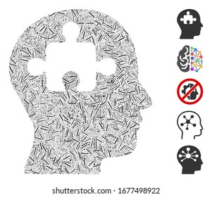 Dash Mosaic basado en el icono de la mente. La mente vectorial mosaica se crea con puntos de guiones dispersos. Se agregan iconos de bonificación.