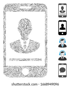 Dash Mosaic based on mobile manager contact icon. Mosaic vector mobile manager contact is formed with scattered dash spots. Bonus icons are added.