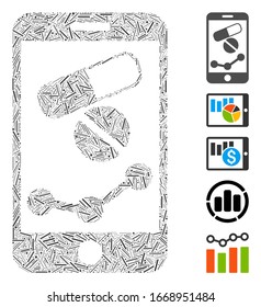 Dash Mosaic based on mobile drugstore chart icon. Mosaic vector mobile drugstore chart is composed with scattered dash elements. Bonus icons are added.