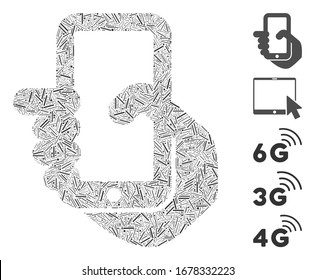 Dash Mosaic based on mobile phone icon. Mosaic vector mobile phone is composed with scattered dash items. Bonus icons are added.