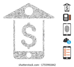 Dash Mosaic based on mobile bank icon. Mosaic vector mobile bank is formed with random dash dots. Bonus icons are added.