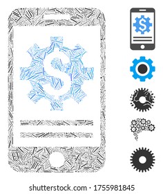 Dash Mosaic based on mobile bank options icon. Mosaic vector mobile bank options is created with scattered dash elements. Bonus icons are added.