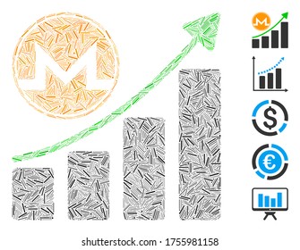 Dash Mosaic basado en el icono del gráfico de crecimiento de Monero. El gráfico de crecimiento del vector mosaico Monero está diseñado con puntos de guiones dispersos. Se agregan iconos de bonificación.